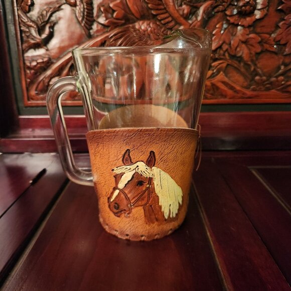Vintage Green Glass Beer Pitcher With Handcrafted Leather Horse Design Wrap - Picture 1 of 14
